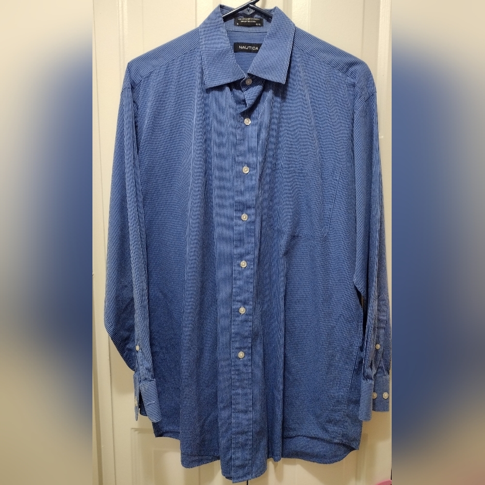 Nautica Men's Dark Blue Striped Button Down Long Sleeved Shirt 16 32/33